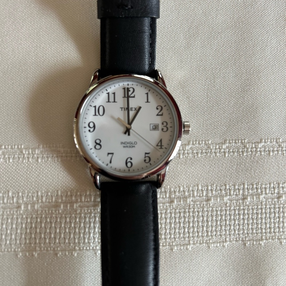 Timex Indiglo watch, 38mm. Leather band.